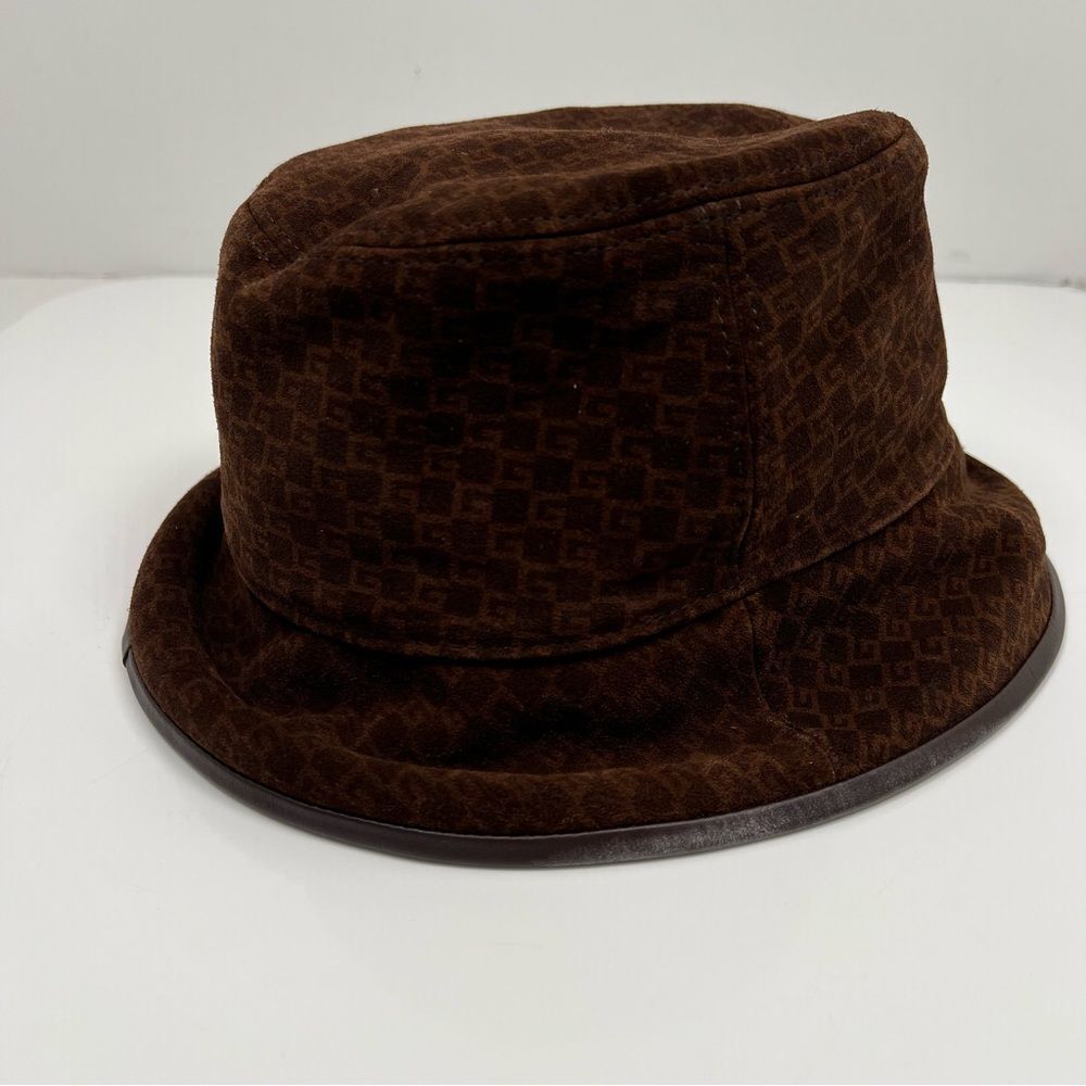Gucci Bucket Hat Suede Leather Trim Brown GG Logo - Picture 3 of 6